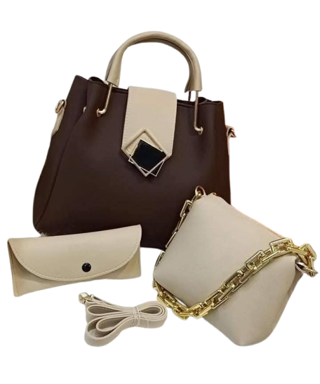 Classic 3 Pcs Handbag Set | Brown & Off White