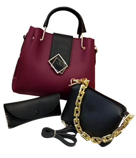 Classic 3 Pcs Handbag Set | Maroon & Black