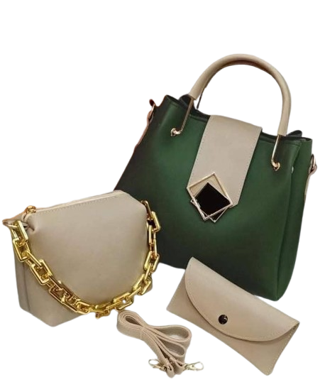 Classic 3 Pcs Handbag Set | Green & Off White
