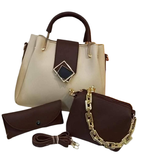 Classic 3 Pcs Handbag Set | Brown & Off White