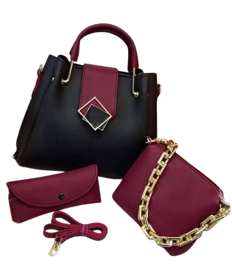 Classic 3 Pcs Handbag Set | Maroon & Black